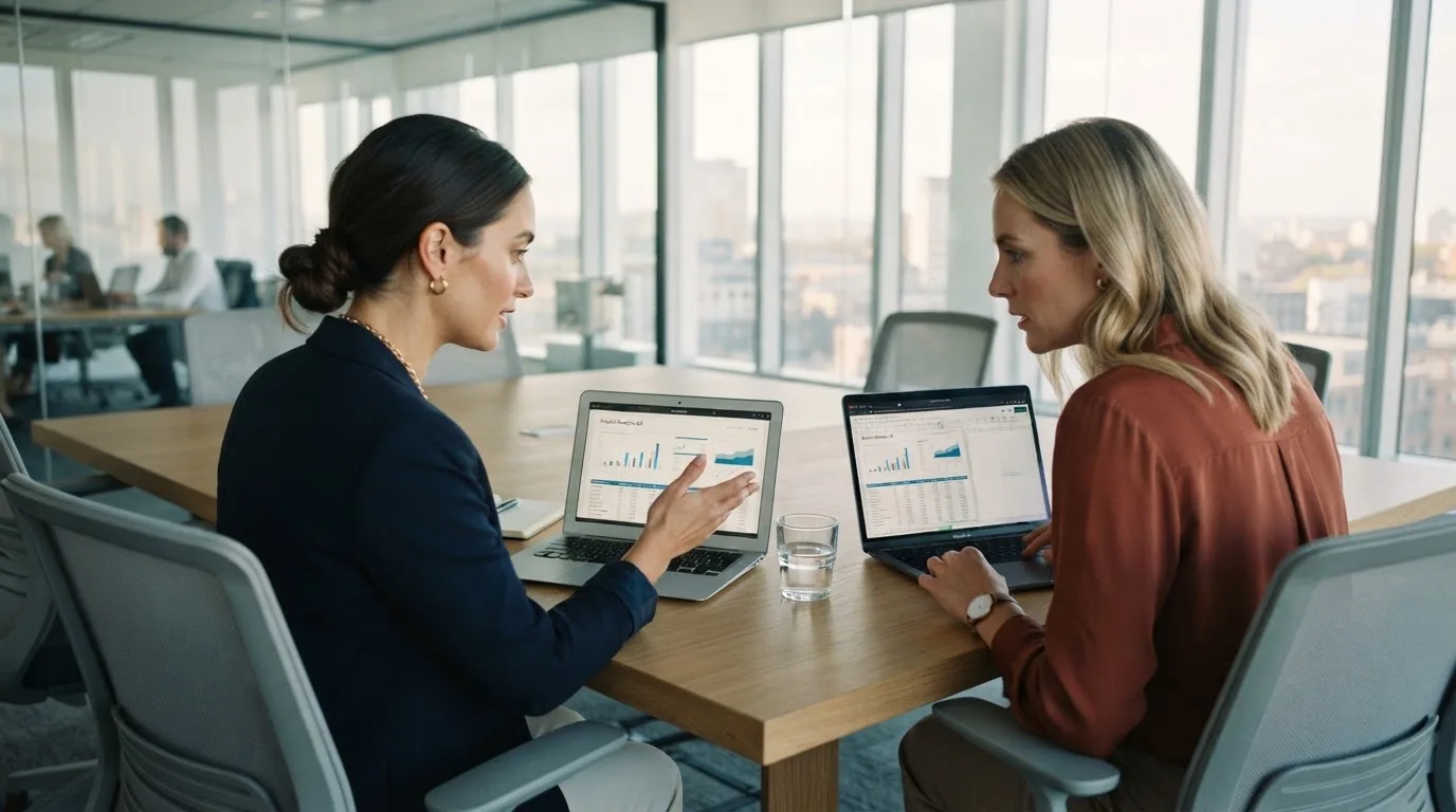 Zwei Kolleginnen vergleichen an einem Besprechungstisch etwas auf ihren Laptops, grosse Fenster im Hintergrund.