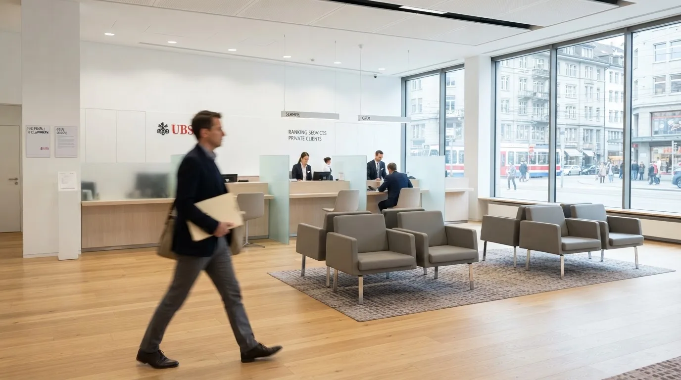 Blick auf eine helle Bankfiliale mit Wartebereich, im Vordergrund unscharf eine Person mit Jacke.
